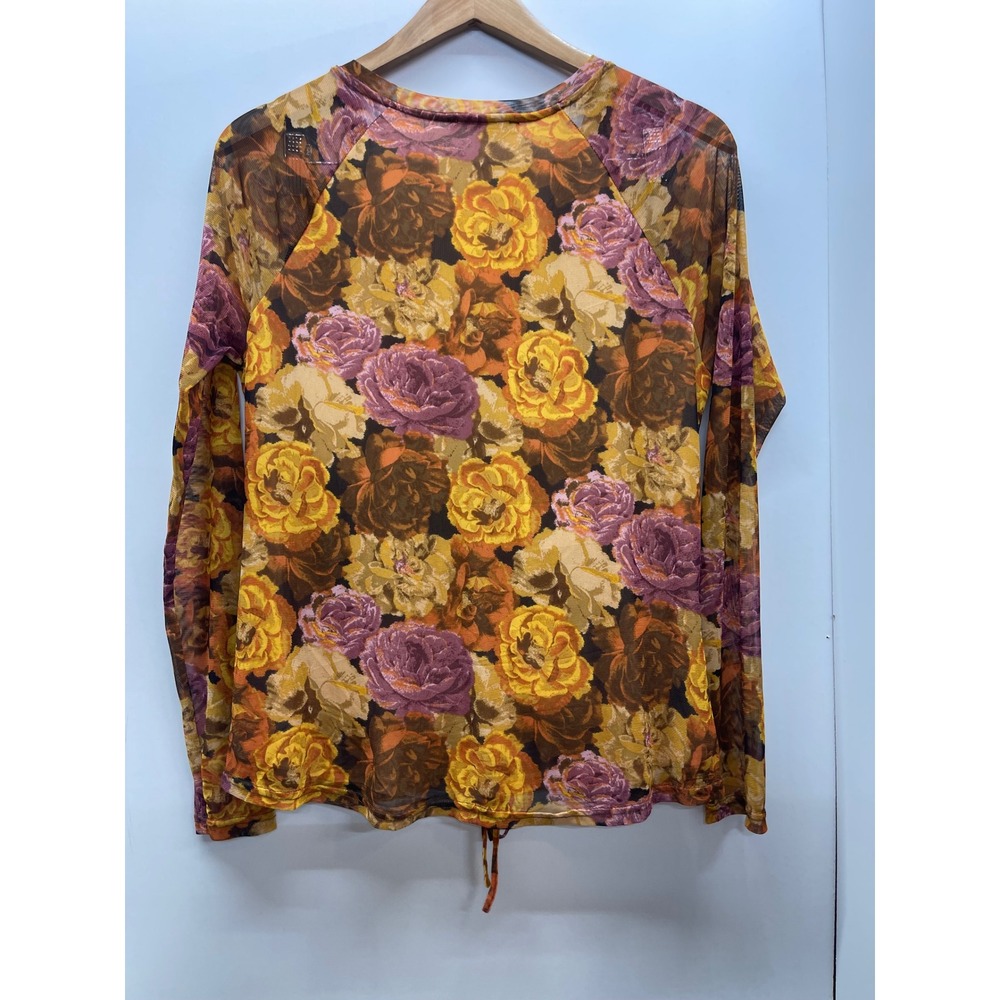 Jane + Delancey Floral Mesh Ruched V-Neck Long Sleeve Top Orange Yellow Large - Picture 2 of 4